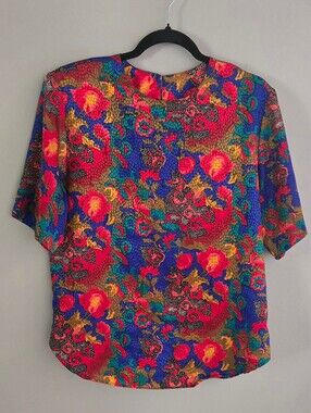 Vntg Notations Vibrant Colors Silky Shouldet Pads Round Neck Blouse 10